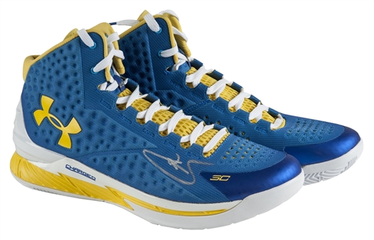 Stephen Curry Signed and Inscribed Pair of Under Armour (Light Blue) Basketball Shoes (Player COA) 